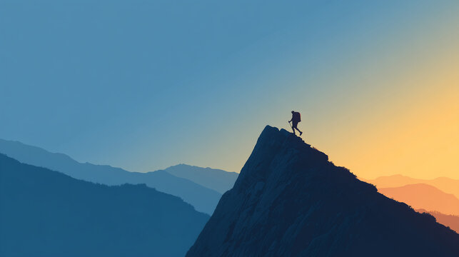 business success mountain climbing metaphor, silhouette of hiker reaching peak at sunrise, conceptual leadership and achievement landscape
