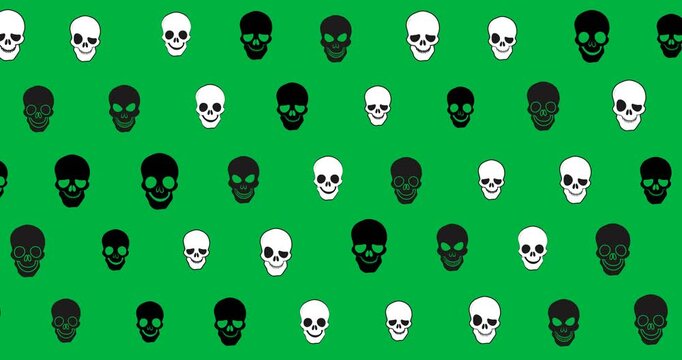 Digital animation of multiple skull icons moving in seamless pattern against black background