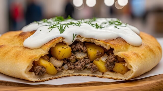 Uzbek bula flatbread stuffed with potato meat onion and yogurt savory Central Asian street snack