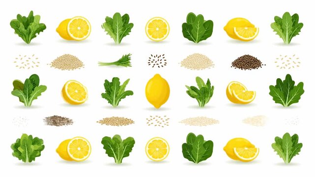 Pattern of lemons, lemon slices, leafy greens and scattered seeds and grains on white background art