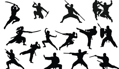 Dynamic martial arts fighter silhouettes performing combat poses, kung fu and karate actions, weapon fighting stances, isolated black figures on white background © Shahariar's World