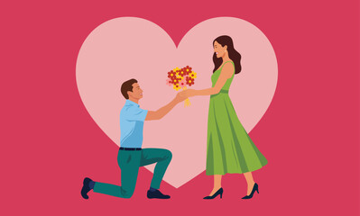 Romantic Marriage Proposal with Flowers Flat Vector.