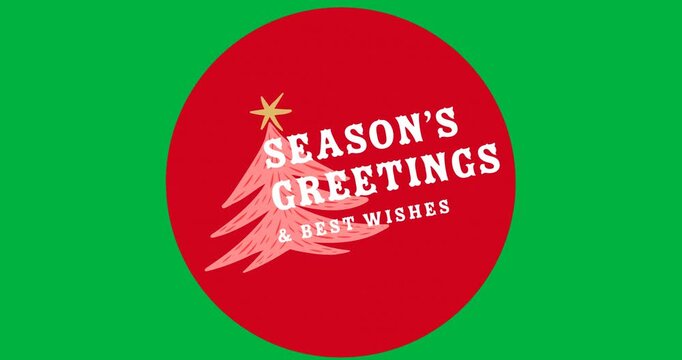 Seasons greetings and best wishes text over red round banner against black background