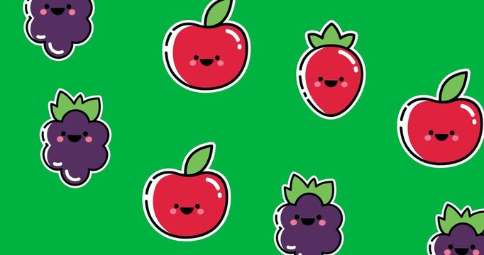 Multiple apple, radish grapes icons moving in seamless pattern against black background