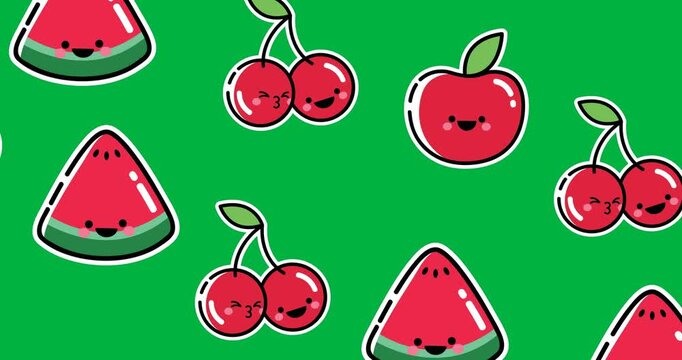 Multiple watermelon, cherries and watermelon icons moving in seamless pattern on black background