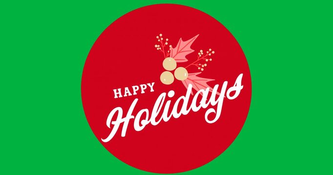 Happy holidays text with mistletoe icon over red round banner against black background