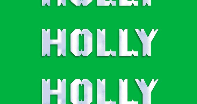 Digital animation of holly text banners in seamless pattern against black background