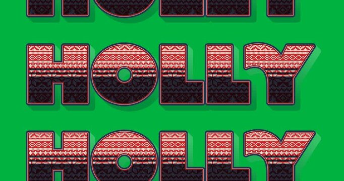 Digital animation of holly text banners in seamless pattern against black background