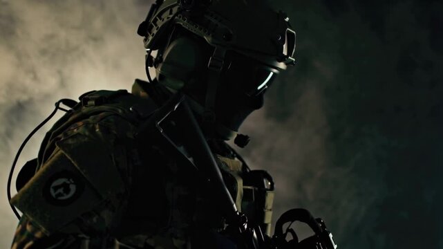 cinematic video modern army special forces soldier elite tactical gear, dark studio environment, dramatic low-key lighting, helmet reflective visor digital HUD lights smoke floating air, intense focus