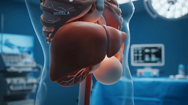 Anatomical Model Of The Torso in a Surgical Room With Blurry Background and blue color scheme for Medical Visualization