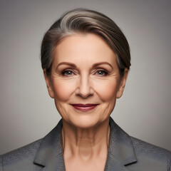 elegant studio portrait of confident senior woman with gray hair and natural makeup