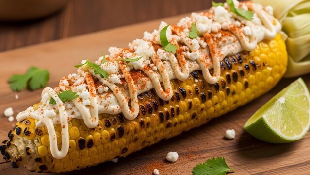 Mexican elote corn cob with mayo chili lime cotija cheese smoky creamy spicy street corn