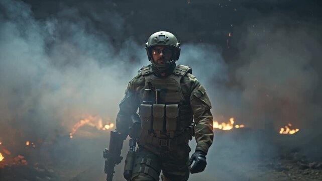 4K cinematic video of a special operations forces commando full camo uniform, ballistic helmet glasses, walking stealthily battlefield covered thick smoke. Dynamic lighting distant fires explosions