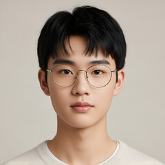 minimal studio portrait of young asian person wearing round glasses