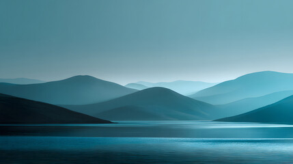 Misty Blue Mountains and Serene Lake Landscape
