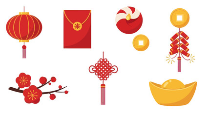 Chinese New Year Symbols: Lantern, Red Envelope, Firecrackers, Gold, Flowers