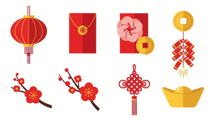 Chinese New Year Icons: Lantern, Red Envelopes, Plum Blossoms, Coin, Firecrackers, Knot