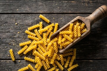 Raw Fusilli Pasta Scattered on Rustic Wooden Table Top View
