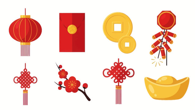 Chinese New Year Icons: Lantern, Red Envelope, Coins, Firecrackers, Plum Blossom, Gold Ingot