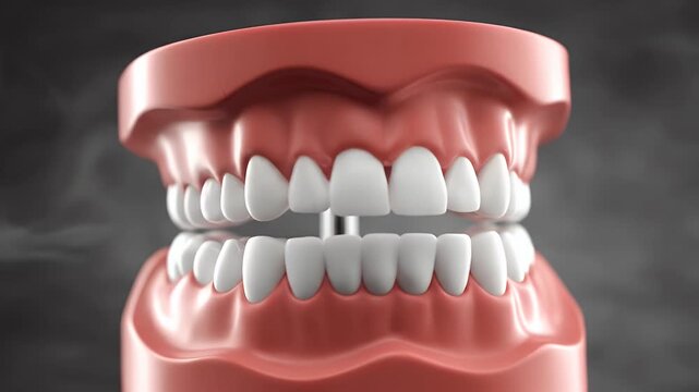 Dentist Model Teeth Set with White Teeth and Pink Gums on A Smoky Grey Background Orthodontic Representation of Dental