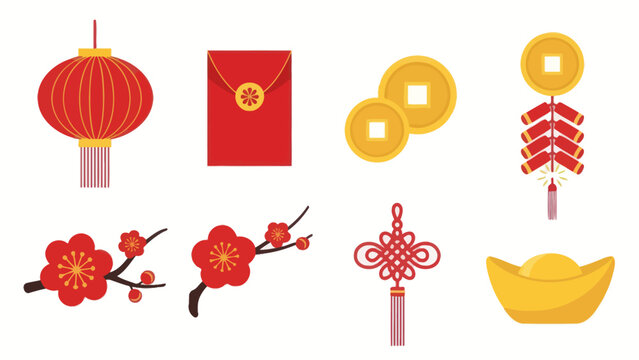 Chinese New Year Icons: Lantern, Red Envelope, Coins, Firecrackers, Blossoms, Knot, Gold