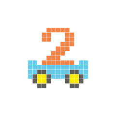 Obraz premium A flat pixel design made of geometric square color blocks on a clean icon layout. Pixel art cart and number 2