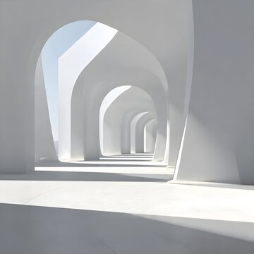 Abstract white architecture, futuristic interior space, minimal design, soft shadows, 3D illustration