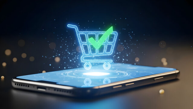 Mobile online shopping cart with checkmark on smartphone screen, e-commerce concept