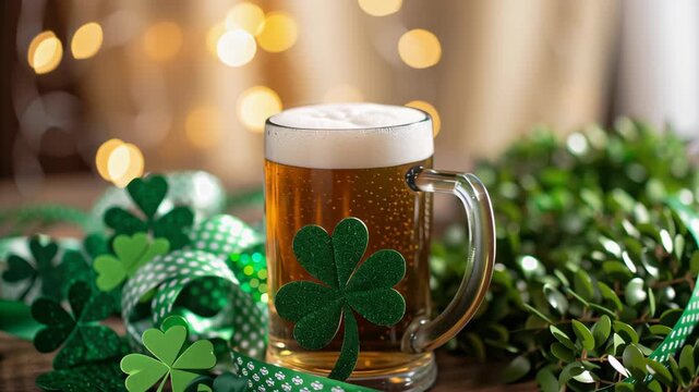 Festive St. Patrick Day Celebration Vector Pattern with Green Shamrocks and Beer Mug for Lively Atmosphere