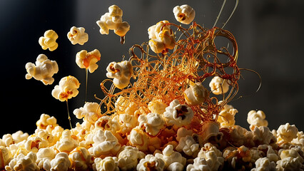 Dynamic shot of golden popcorn kernels with delicate spun caramel threads against a dark background, creating a delicious and artistic food display.