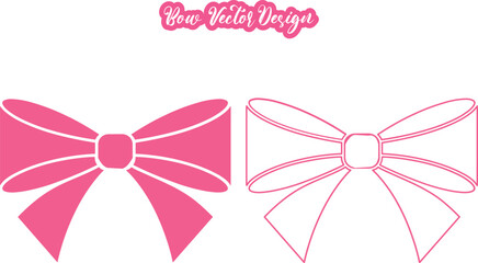Bow. Ribbon Bow Vector Illustration. Valentine Heart Ribbon Vector Elements. Layered Ribbon Tie Silhouette. Curvy Tapered Bow Clipart. Formal Double Fold Pink Ornament