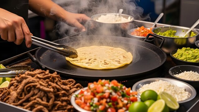 Fresh Mexican tortilla steaming on hot comal authentic taco base vibrant Tex Mex street food essential
