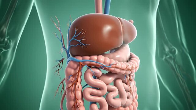 Detailed Anatomical 3D Animation of Human Digestive System Showing Internal Organs on Green Backgrounds for Medical