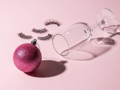 Christmas Eyelashes, Holiday Wine Glass  Ornament on Pink Background