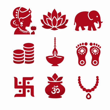 Red silhouette Goddess Lakshmi vector icons set. Hindu religious symbols including swastika necklace and hanging lamp. Diwali festival design elements.