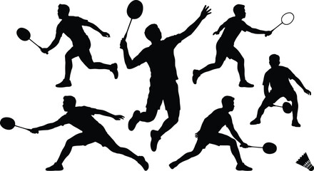 Silhouette collection of badminton athletes playing racket sport, jumping, running and smashing shuttlecock, dynamic competitive game actions isolated black figures for sports design