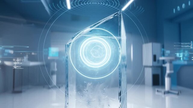 Ice cube forms in a high tech lab with digital graphics and futuristic design