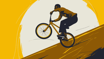 Obraz premium A stylized illustration features a BMX rider mid-action on a ramp with yellow, white, and brown shades