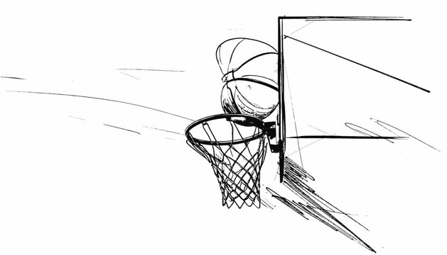 A monochrome sketch features a basketball hoop with a net, the ball, and backboard