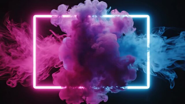 Abstract Neon Square Frame With Pink And Blue Smoke Explosions Dark Background