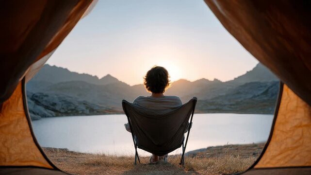 Young camper sitting on a chair inside tent, experiencing serene mountain lake view during golden sunrise, embodying peaceful wilderness and solitary adventure moments