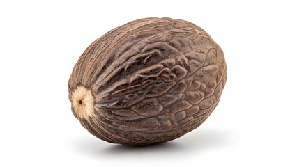 Obraz premium A single brown nutmeg seed viewed from the side on a plain white background via whisk_57wz2g_via_RJ_Whisk_Auto.jpg reference