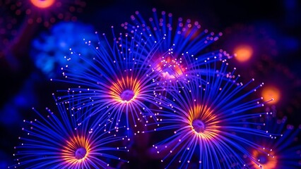 Glowing blue and orange fiber optic strands forming spherical shapes purple