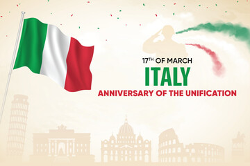 Anniversary of Unification Of Italy Vector Background Wth Italian Flag. National Patriotic Poster Design Template With Skyline and Air Show in Background.