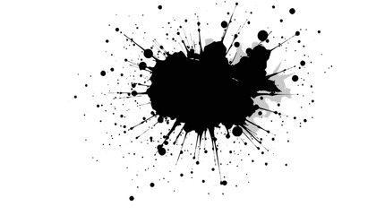Fototapeta premium Abstract black ink splatter with many small dots on a clean white background.