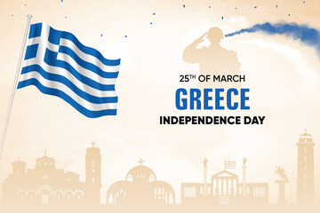 Greece Independence Day Vector Background Wth Greece Flag. National Patriotic Poster Design Template With Skyline and Air Show in Background.
