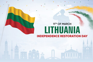 Lithuania Independence and Restoration Day Vector Background Wth Lithuania Flag. National Patriotic Poster Design Template With Skyline and Air Show in Background.