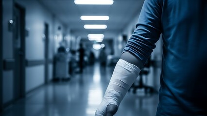 Bandaged arm in hospital corridor with blurred background blue shirt white bandage medical setting