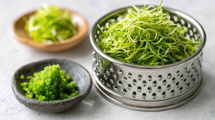 Close-up of sliced vegetables, grater with food, and small bowls
