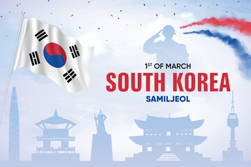 South Korea March 1st Movement Vector Background With South Korean Flag. National Patriotic Poster Design Template With Skyline and Air Show in Background.